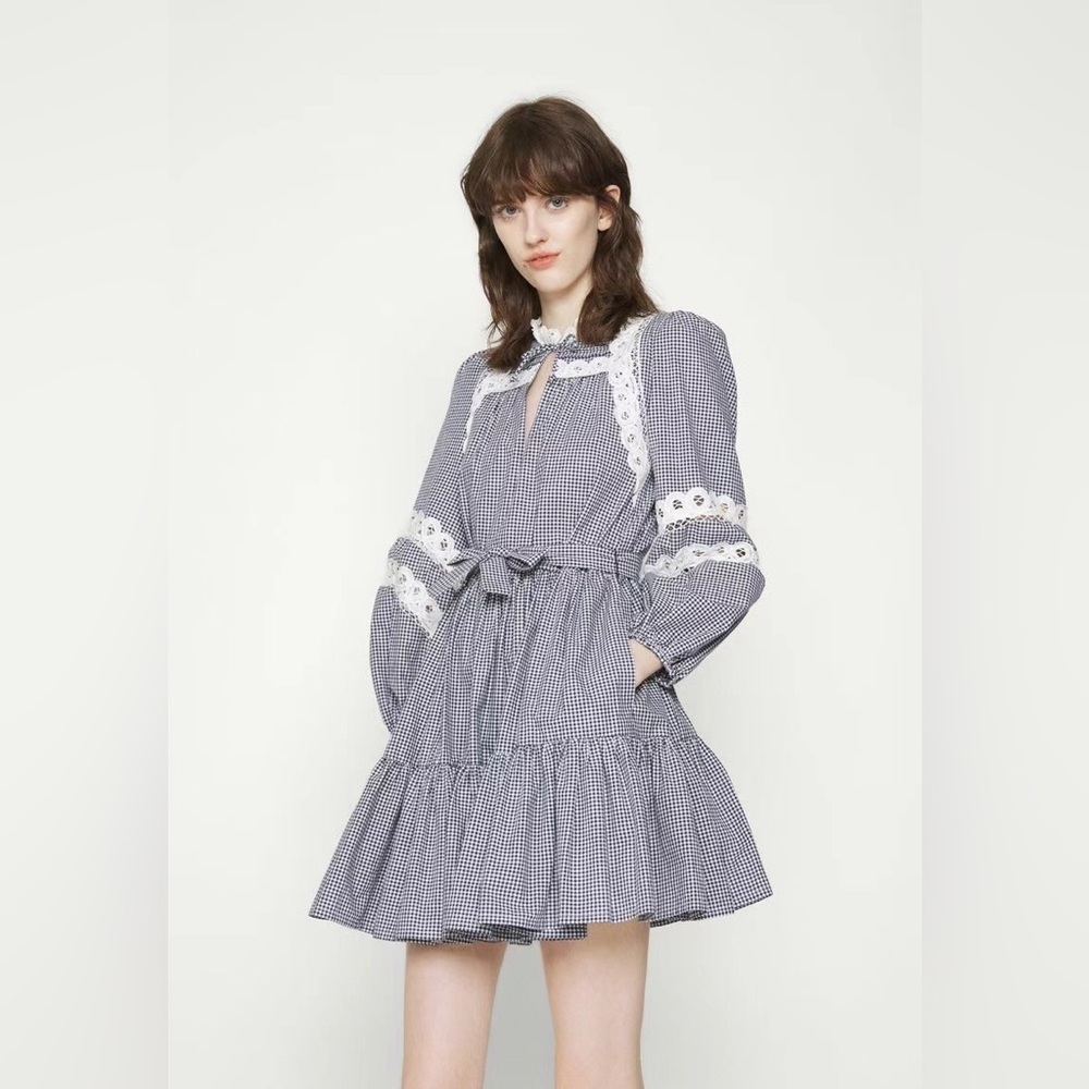 NWT $385 Maje Ritchy Gingham & Lace Dress White Size 40 - Picture 4 of 8